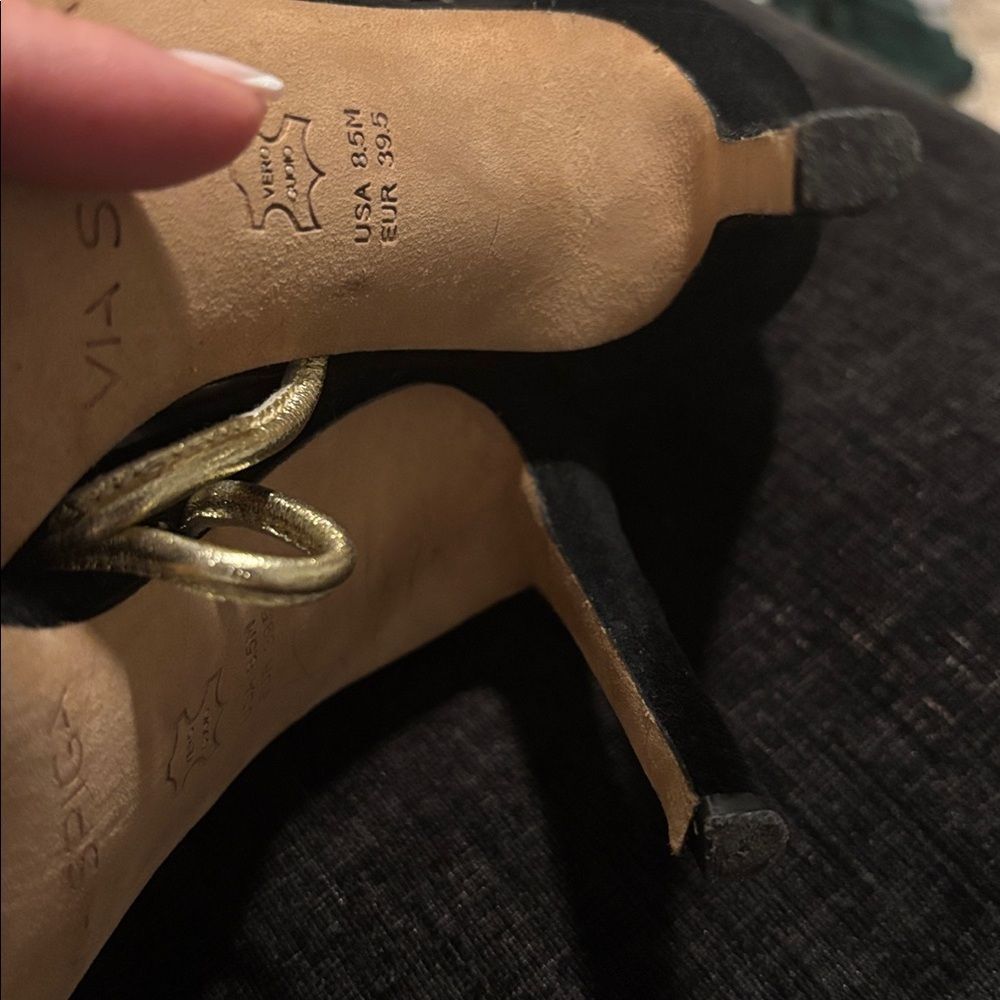Via Spiga•Tammryn suede gladiator sandal heel black and gold - Picture 7 of 7